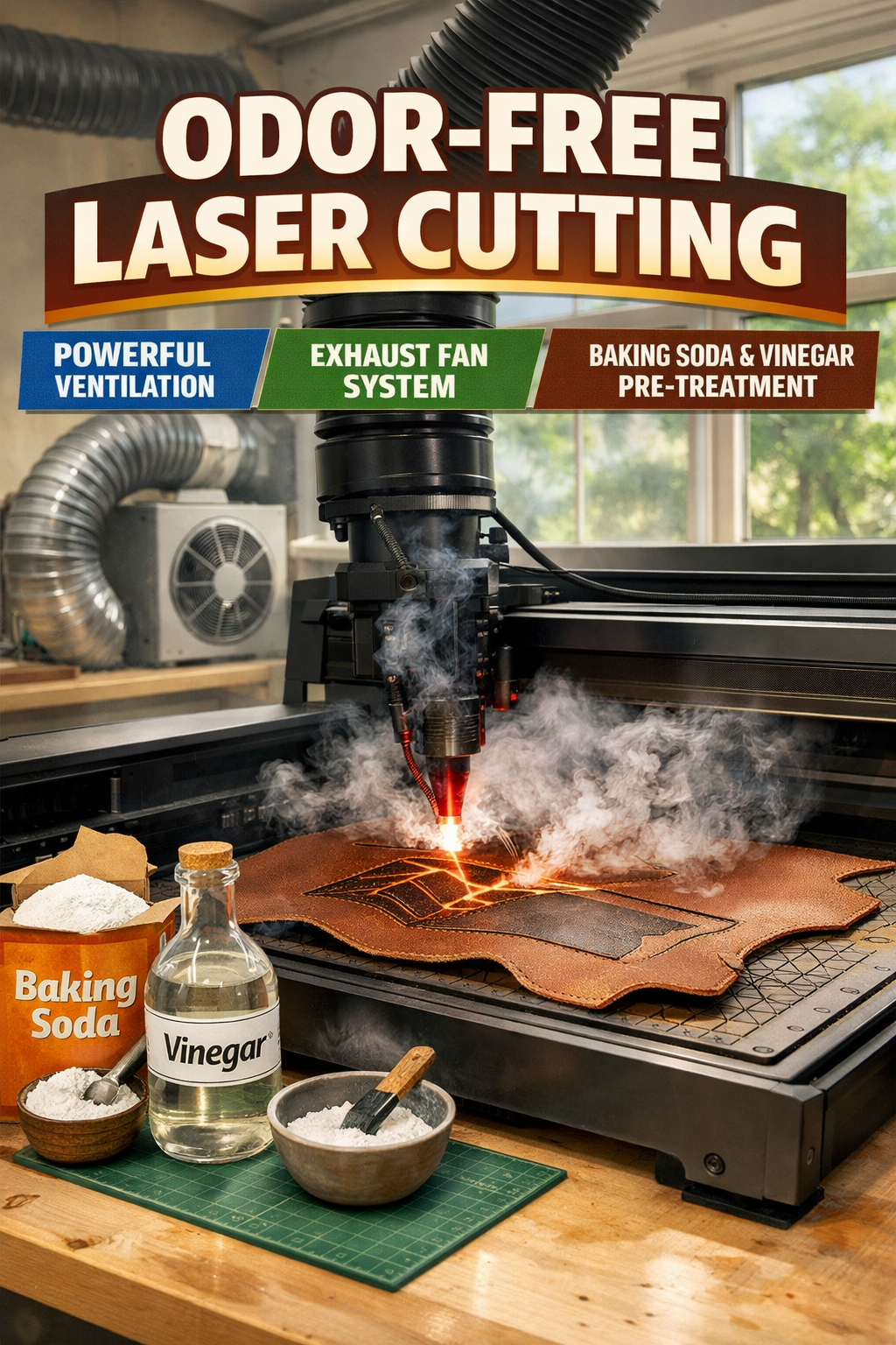 A laser cutter is actively cutting leather in a bright workshop, with smoke and light beams visible.