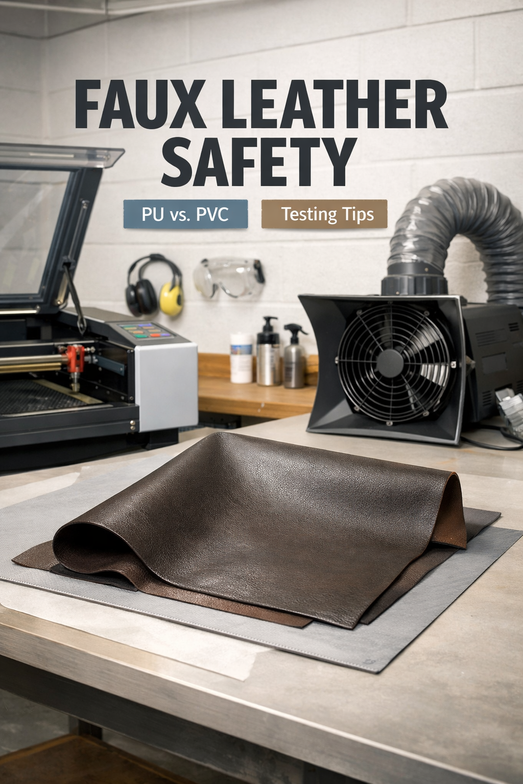 A piece of PU faux leather on a workstation with a laser cutter and ventilation equipment in a well-lit workshop.