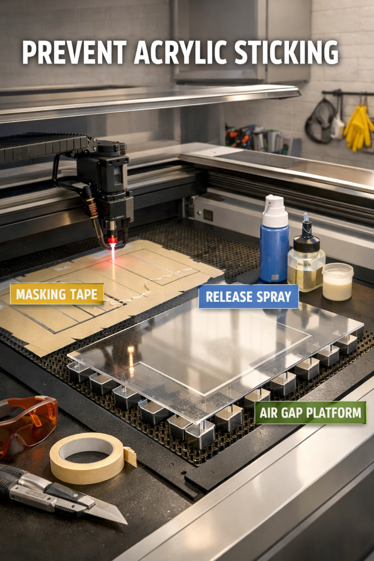 A well-lit laser cutting workspace showcasing acrylic on a laser bed with masking tape, tools, and labels for cutting techniques.