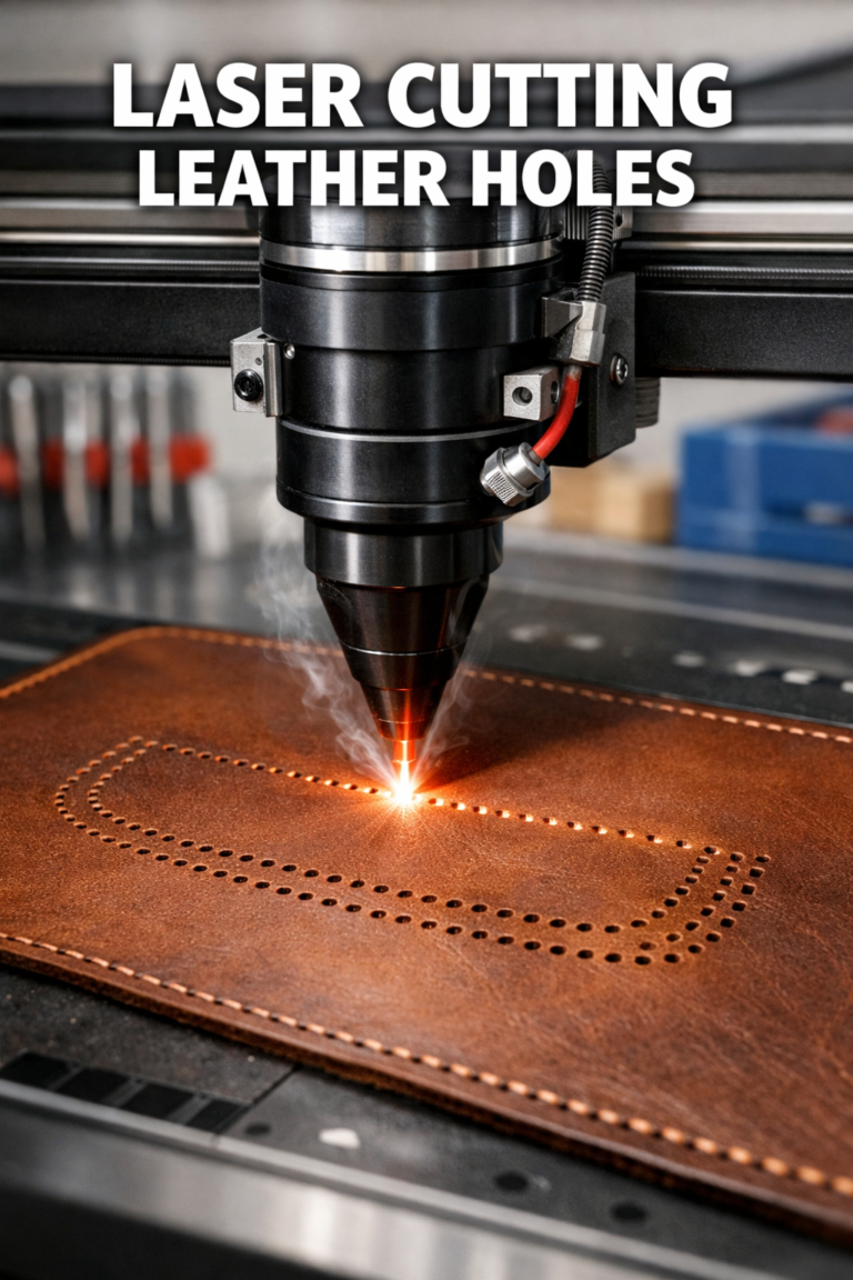 A CO2 laser cutter creates precise holes in a leather piece in a modern workshop with organized tools.