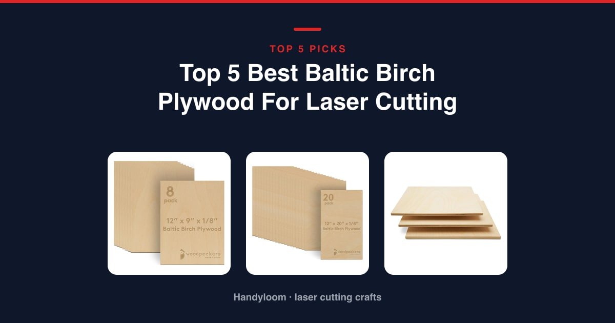 Stack of Baltic birch plywood sheets for laser cutting next to a hobby laser cutter, with one sheet showing a freshly cut, lightly charred pattern