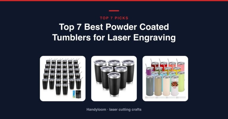 Three powder-coated stainless steel tumbler blanks arranged on white cards for laser engraving product review