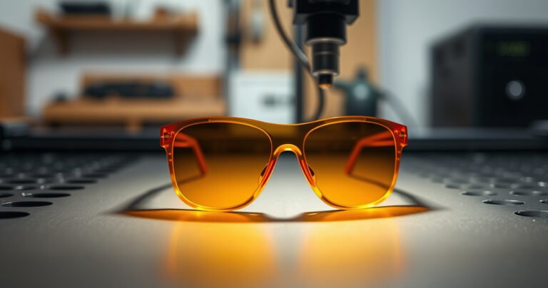Amber-tinted laser safety glasses resting on the bed of a laser engraver