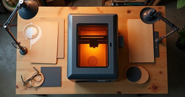 Enclosed desktop laser engraver with an orange viewing window on a craft workbench surrounded by plywood, leather and acrylic materials