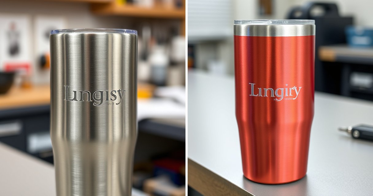 Two anodized aluminum tumblers compared side by side: one deeply laser engraved to bare metal, one lightly laser etched with its color coating intact.