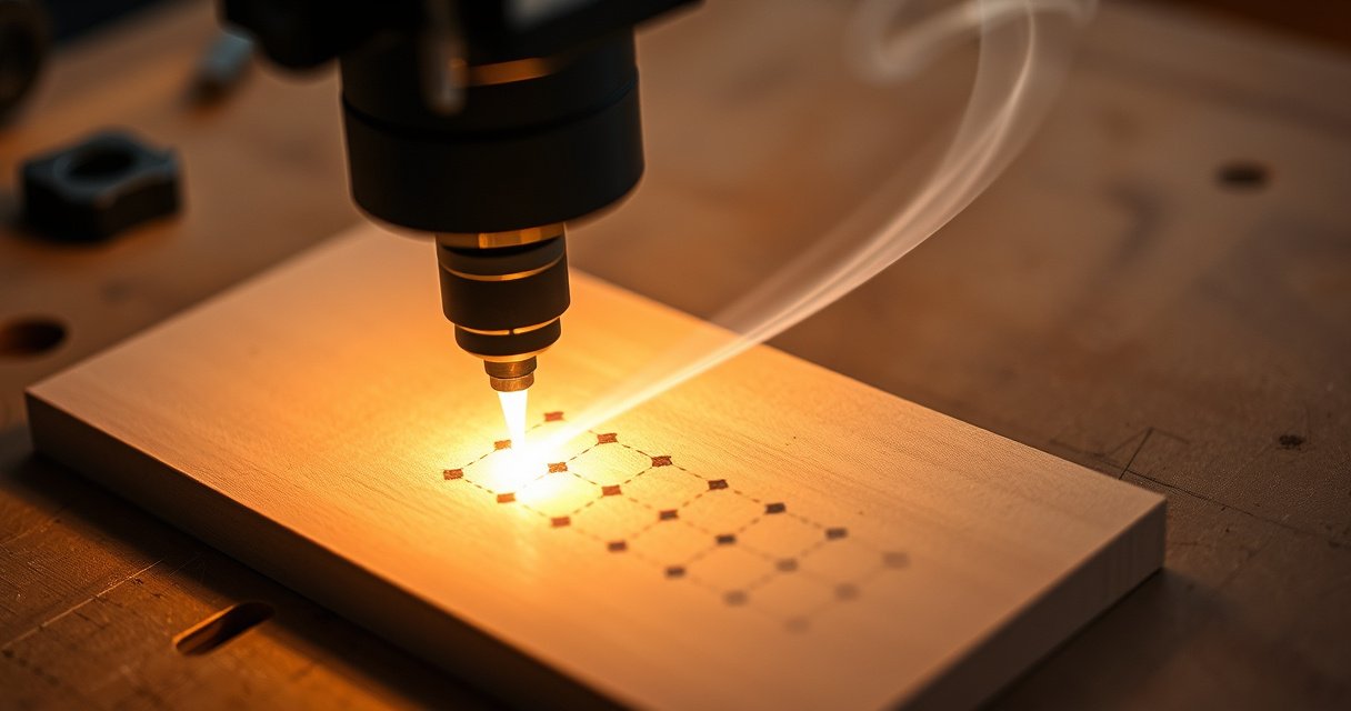 Diode laser engraver burning a test grid of light to dark squares on a wood scrap to check why an engraving is not dark enough